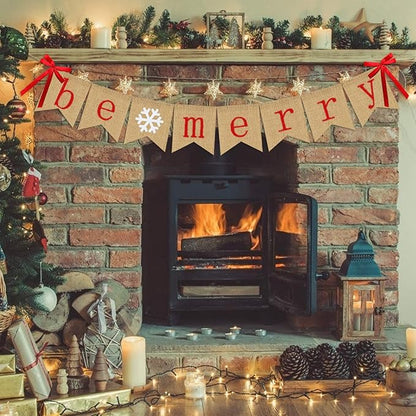 Be Merry Burlap Banner | Christmas Banner with Snowflake Sign | Christmas Decoration | Rustic Christmas Decor for Mantle Fireplace Xmas Party Holiday Supplies Decoration | Outdoor Indoor Hanging Decor