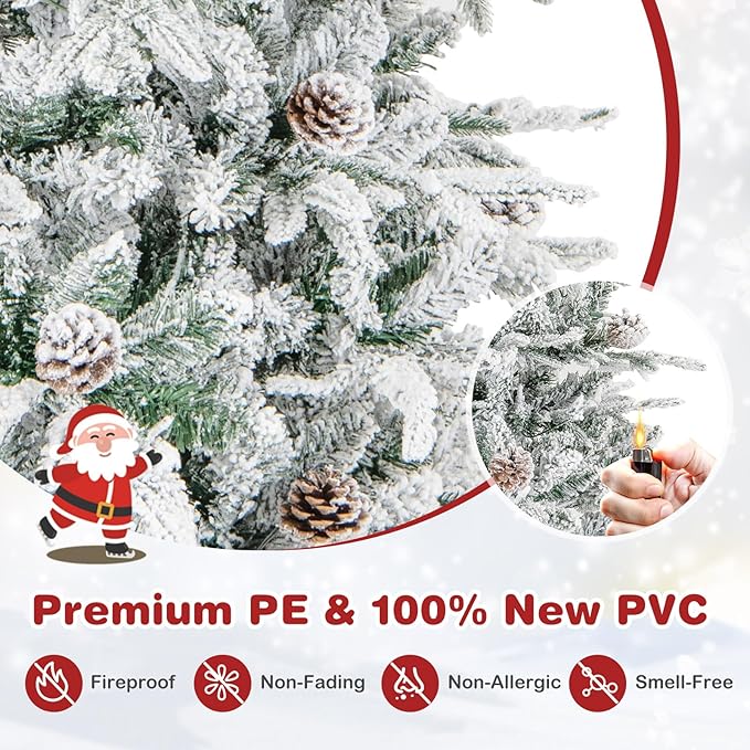 GOFLAME 6FT Pre-Lit Christmas Tree Snow Flocked, Hinged Artificial Xmas Tree with 715 Branch Tips, 36 Natural Pine Cones & 210 Warm White Incandescent Lights, Holiday Decoration Tree for Home Office