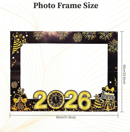 31 Pcs New Year Eve Photo Booth Props, Happy New Year 2026 New Years Decorations 2026, Black Gold Photo Booth Props Kit for New Years Eve Party Supplies 2026 Photo Props with Photo Frame Hats Glasses