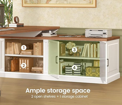 SEDETA Farmhouse L Shaped Desk with Drawers, 70.9" Home Office Desk with Storage Cabinet and Storage Shelves, L Shaped Computer Desk with Power Outlet，White