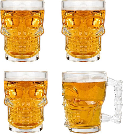 Beer Mugs Set of 4 - Skull Glasses with Handle - 17 OZ Heavy Base Drinking Tiki Glasses - Clear Beer Stein Cup for Whiskey, Wine, Juice, Home Bar, Halloween Decorations Gifts