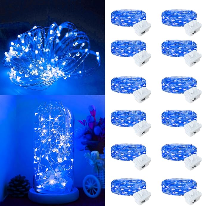 Fairy Lights,Silver Wire String Lights Waterproof,Battery Operated 7FT 20LED Firefly Starry Moon Lights for DIY Christmas Wedding Party Bedroom Decor (Blue, 12 Pack)