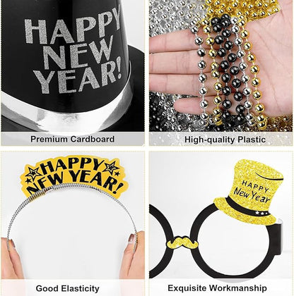 Fovths 132 Pieces 2026 New Years Eve Party Supplies Includes Glasses Top Hats Headband Noisemakers Horns Bead Necklaces Plastic Leis New Year Party Favors for Celebration Decoration Gift