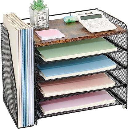 OPNICE 5-Tier Paper Organizer with Magazine Holder, Desk Organizers and Accessories, Office Desk Accessories & Workspace Organizers, Desktop File Organizer for Office Supplies Storage, Brown