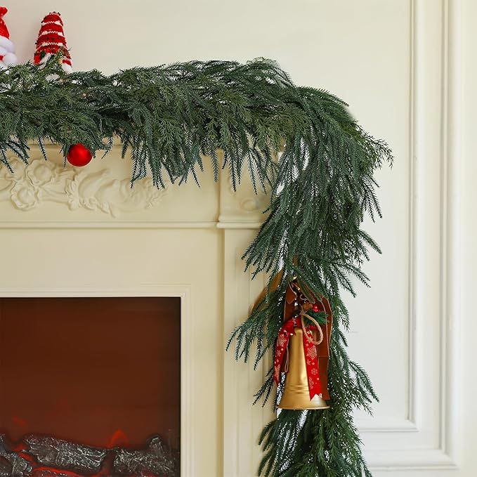 Norfolk Pine Garland Artificial Real Touch Green Thick Faux Norfolk Pine & Cedar 6FT Greenery Christmas Decor for Mantle Fireplace Wall Table Railings Indoor Outdoor Xmas Decorations