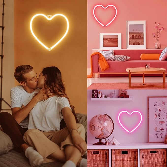 Heart Neon Sign, LED Light 3-AA Battery Operated or USB Powered Decorations Lamp, for Girl's Room Dorm Wedding Anniversary Valentine’s Day Mother’s Day Birthday Party Home Décor(Warm White)