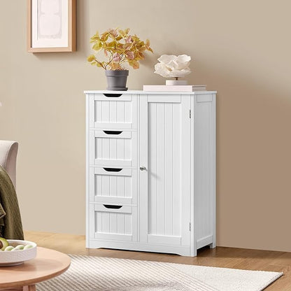 Yaheetech Large Bathroom Floor Cabinet with 4 Dawers and Single Door Cabinet, Freestanding Storage Cabinet for Living Room Kitchen Hallway, White