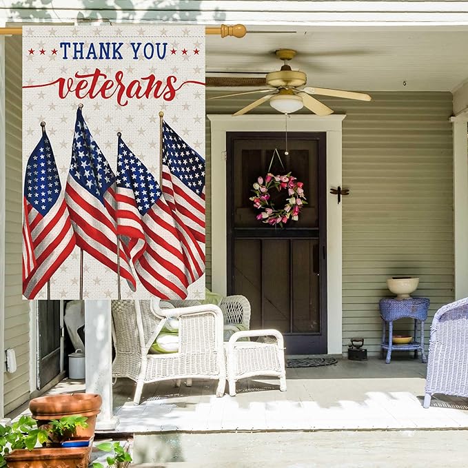 Louise Maelys Thank You Veterans Garden Flag Patriotic Veterans Day 28x40 Inch Double Sided Stars and Stripes Large Burlap Memorial Yard Flag Outside Outdoor House Decor