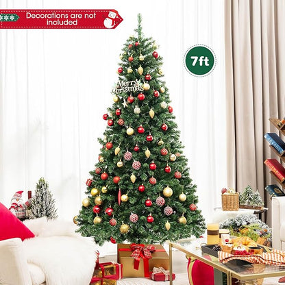 GOLFAME 7FT Pre-Lit Artificial Christmas Tree, Decorative Hinged Xmas Tree with 700 LED Lights, 1188 Branch Tips, Upgraded Metal Stand, Christmas Holiday Tree for Home Office Party