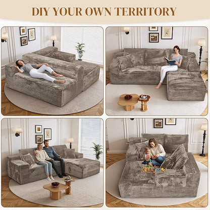 108" L Shaped Boneless Sectional Couches for Living Room, Comfy Corduroy Floor Cloud Sofa with Chaise, Wide Armrest, Deep Seat, Memory Foam, Assembly Free, Ideal for Small Spaces, Brown