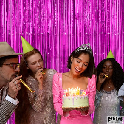 Thicken Hot Pink Streamers 4 Pack 3.2x8.2 FT, Pink Birthday Decrorations Tinsel Backdrop Curtains, Foil Fringe Photo Backdrop for Bachelorette, Graduation, Summer Hawaiian Party Decorations