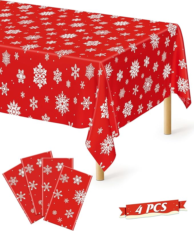 4 PACK Christmas Tablecloths, 54" x 108" Holiday Party Decor, Snowflakes Tablecloth Xmas Plastic Tablecloth Disposable Table Cloth Rectangle Tablecover, Christmas Decorations Holiday Party Supplies