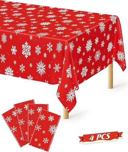 4 PACK Christmas Tablecloths, 54" x 108" Holiday Party Decor, Snowflakes Tablecloth Xmas Plastic Tablecloth Disposable Table Cloth Rectangle Tablecover, Christmas Decorations Holiday Party Supplies
