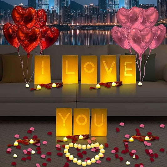 I Love You Lighted Letters Sign 8pcs Luminary Paper Bags 2000pcs Red Pink Artificial Rose Petals 48pcs Flameless LED Candle Tealight 10pcs Heart Balloons Romantic Night Valentine's Day Decorations