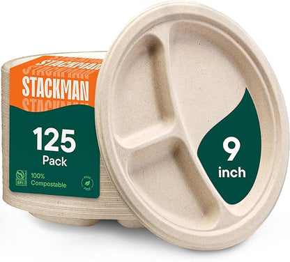 100% Compostable, 3 Compartment, Disposable Paper Plates [125-Pack] - {PFAS Free} - {BPA Certified} - [9 Inch] Heavy Duty Biodegradable Bagasse Sectional Lunch Trays + Dividers - Divided Platte Tray