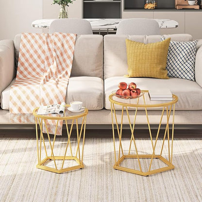 HOOBRO Small Coffee Table Set of 2, Round Coffee End Table with Metal Frame, Glass Tabletop, Gold Side Table for Living Room, Bedroom and Balcony, Modern Style, Gold GD79BZ01