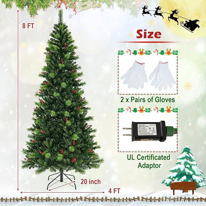 GOFLAME 8FT Pre-Lit Christmas Tree, Hinged Artificial Xmas Tree with Pine Needles, 1272 Branch Tips, 43 Clusters of Red Berries, 500 LED Lights, 9 Lighting Modes, 4 Brightness, Remote Control & Timer