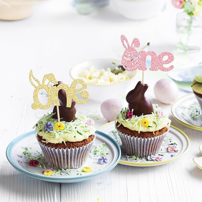 Ephlyn 24Pcs Pink Gold Glitter Cupcake Toppers - Happy Easter & Birthday Cake Decorations for Spring Parties