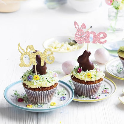 Ephlyn 24Pcs Pink Gold Glitter Cupcake Toppers - Happy Easter & Birthday Cake Decorations for Spring Parties