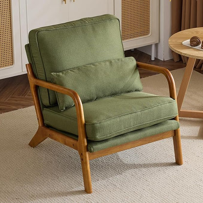 Bonnlo Dark Green Linen Mid Century Modern Accent Chair, Soild Wood Padding Lounge Armchairs Side Sitting Chairs for Living Room, Bedroom, Guest Room