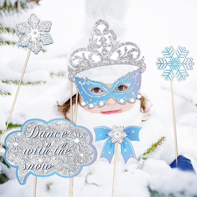 Snowflake Photo Booth Props with Sticks, Blue Snow Photo Booth Props, Christmas Selfie Props, Winter Themed Party Decorations (25CT)