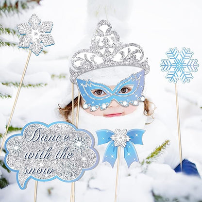 Snowflake Photo Booth Props with Sticks, Blue Snow Photo Booth Props, Christmas Selfie Props, Winter Themed Party Decorations (25CT)