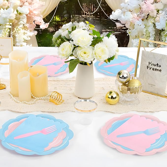 96 Pcs Baby Gender Reveal Plates and Napkins Set Party Supplies, Tableware set for 24 Guest include Light Pink and Blue Scalloped Plates, Napkins and Forks for Baby Shower Gender Reveal Party
