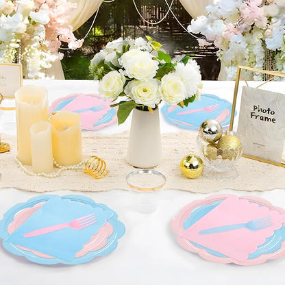 96 Pcs Baby Gender Reveal Plates and Napkins Set Party Supplies, Tableware set for 24 Guest include Light Pink and Blue Scalloped Plates, Napkins and Forks for Baby Shower Gender Reveal Party