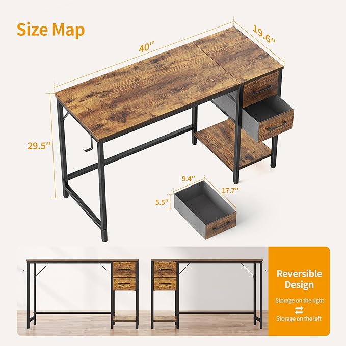 CubiCubi Computer Desk with 2 Drawers, 40 Inch Small Home Office Desk with Storage Study Writing Table, Light Brown
