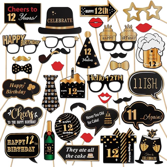 LINGTEER Happy 12th Birthday Party Photo Booth Props,Cheers to 12th Birthday Twelve Years Old Bday Party Centerpieces Props Decorations Sign.