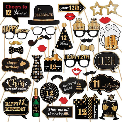 LINGTEER Happy 12th Birthday Party Photo Booth Props,Cheers to 12th Birthday Twelve Years Old Bday Party Centerpieces Props Decorations Sign.