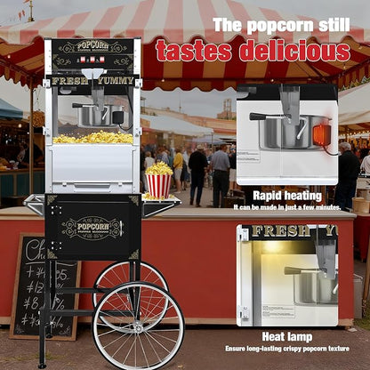 Commercial 20 Oz Popcorn Machine with Cart - 100 Cups, Stainless Steel Kettle, Warming Light - Portable Popper for Home Theater & Parties, Sleek Black