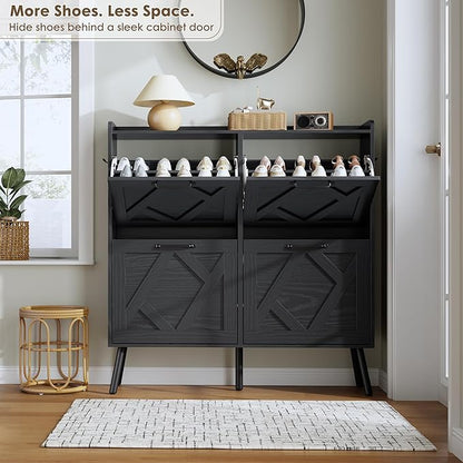 Nicetree Shoe Cabinet, Shoe Storage Cabinet for Entryway, Farmhouse Narrow Shoe Rack Cabinet with Metal Legs, Foyer, Hallway,4 Flip Drawers,Black