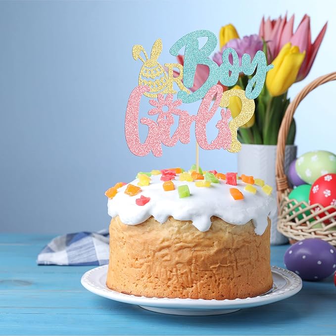 1Pc Happy Easter Boy or Girl Cake Topper Blue Pink Glitter Rabbit Bunny Gender Reveal Cake Food Pick Bunny Cake Decorations for Happy Easter Themed Baby Shower Kids Birthday Party Supplies
