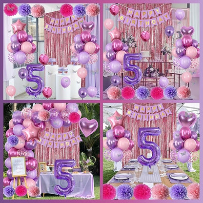 Pink Purple 5th Birthday Party Decorations for Girls Number 5 Balloon Happy Birthday Banner Butterfly Stickers Fringe Curtain Paper Pom Poms Metallic Hot Pink Star Foil Balloons 5 Year Old Princess