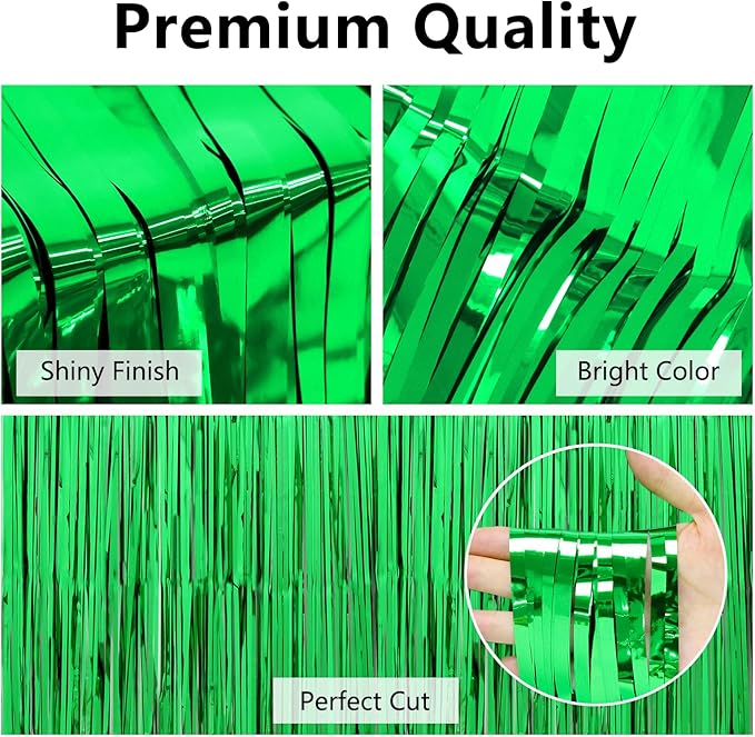 Thicken Green Streamers 2 Pack 3.2 x 8.2 FT, Green Birthday Decrorations Tinsel Backdrop Curtains, Foil Fringe Photo Backdrop for Dinosaur, Football, Christmas, Jungle, Golf Party Decorations