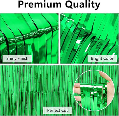 Thicken Green Streamers 4 Pack 3.2 x 8.2 FT, Tinsel Backdrop Curtains, Foil Fringe Photo Backdrop for Birthday, Dinosaur, Football, Jungle, Christmas, Golf Party Decorations