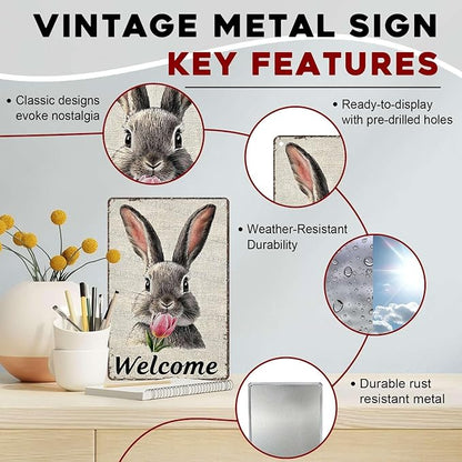 Easter Bunny Tin Sign Retro Tulips - Fun and Metal Sign for Homes Bedrooms Gardens Hallways Parties Spring Decorations 8x12Inch