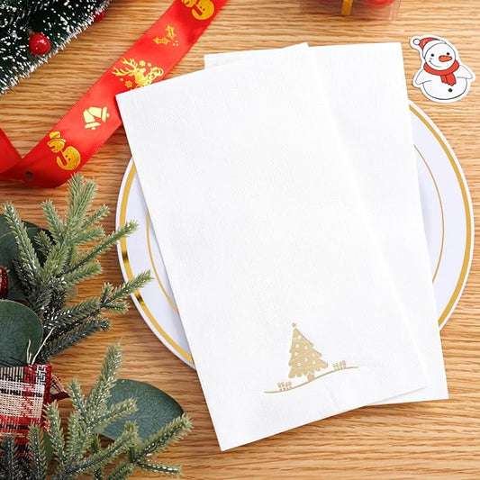 100PCS Christmas Gold Napkins Disposable - Heavy Duty Christmas Tree Napkin - Yule Paper Hand Towels - Xmas Gold Napkin for Kitchen Bathroom Noel Parties Dinners and Events