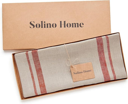 Solino Home Striped Linen Table Runner 108 Inches Long - French Stripe 100% Pure Linen Red and Natural Dining Table Runner 14 x 108 Inch for Fall, Autumn, Christmas, Winter, New Year