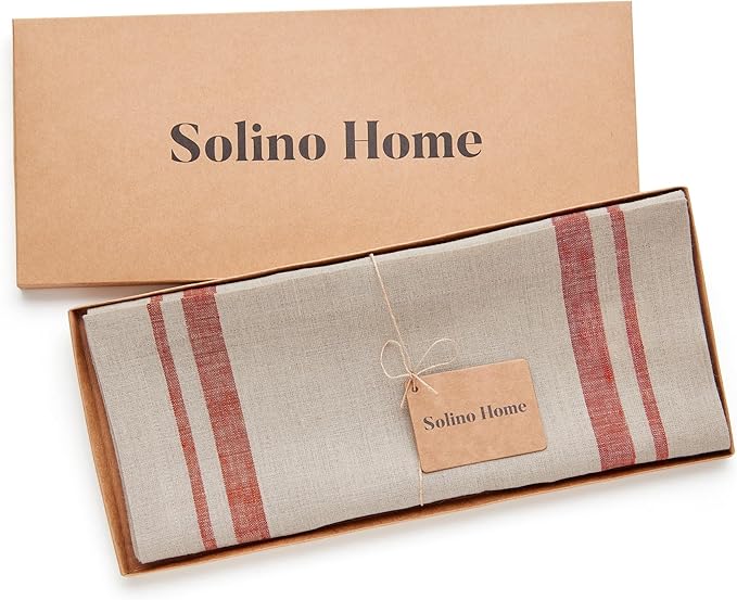 Solino Home Striped Linen Table Runner 60 Inches - 100% Pure Linen Red and Natural French Stripe Small Table Runner 14 x 60 Inch Ideal for Dresser and Coffee Tables - Fall, Winter