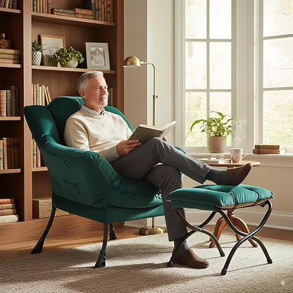 LITA Lazy Chair with Ottoman, Modern Accent Leisure Upholstered Sofa Chair, Contemporary Lounge Reading Chairs with Armrests and a Side Pocket for Living Room, Bedroom & Small Space, Dark Green