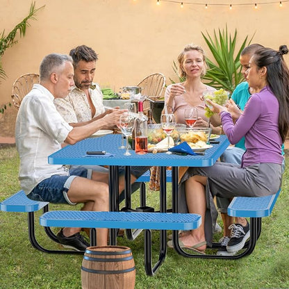 47'' Heavy-Duty Metal Picnic Tables with Umbrella Hole, Outdoor Steel Heavy Duty Commercial Grade Black Table, Outdoor Bench Set for Lawn, Patio, Park, Yard, Garden, Porch (Set B, Square)