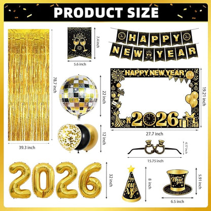 2026 New Year Decorations Party Supplies Kit with Banner, Photo Props, Glasses, Hats, 2026 Foil Balloon, Fringe Curtains and Latex Balloons for New Years Eve Celebration