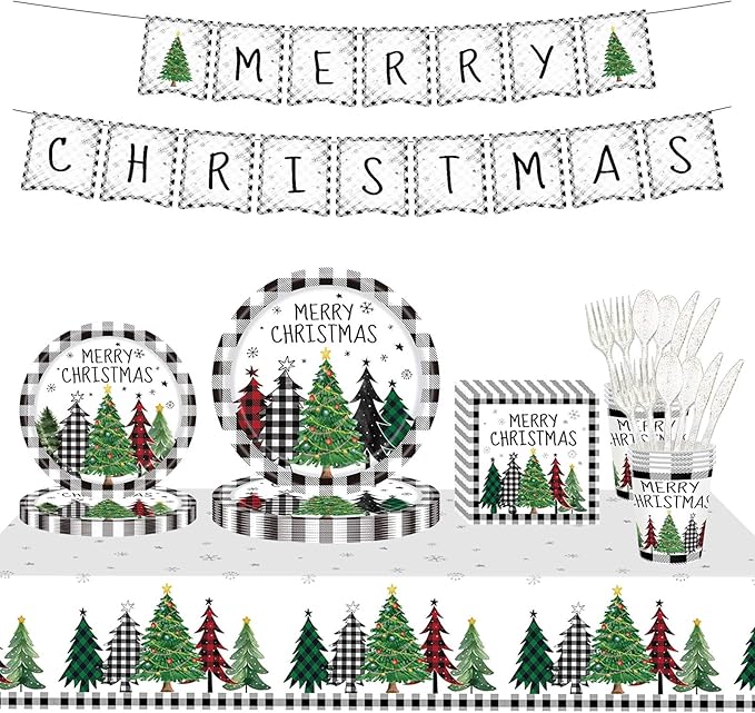 Christmas Plates Disposable Party Set with Plates and Napkins, Cups, Tablecloth Kit Serves 24 Guests, Christmas Tree Pattern Disposable Dinnerware Set for Xmas Holiday Party Disposable Supplie