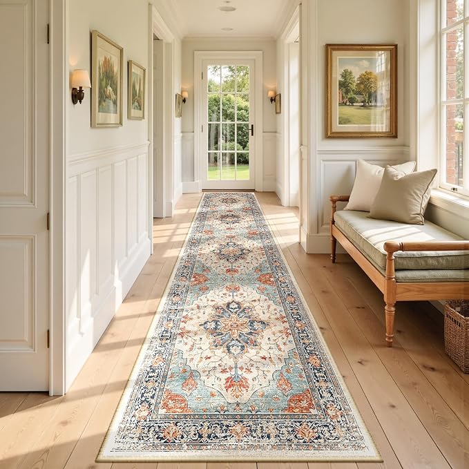 Area Rugs 3'x12' Runner Rug Non Slip Washable for Kitchen Hallway Bedroom Beside Laundry Room Bathroom Rug, Floor Carpet, Beige Navy Blue Orange Colorful
