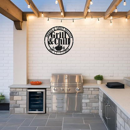 Custom Grill BBQ Metal Sign, Personalized Name Cut Wall Art for Outdoor Kitchen, Backyard Patio, Rustic Barbecue Gift