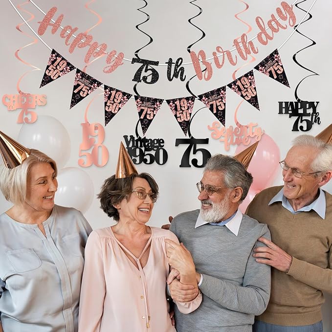 75th Birthday Decorations for Women, Black Rose Gold Happy 75th Birthday Banner Hanging Swirls Vintage 1950 Decorations Kit Cheers to 75 Party Supplies
