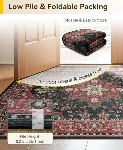 Area Rugs 5'x7' Washable Non-Slip, Floral Vintage Distress Print Pattern Medallion Carpet for Living Room Bedroom Dining Room, Red Black
