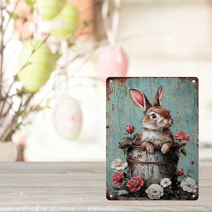 Easter Vintage Rabbit Metal Tin Sign Rustic Bunny Art Sign Farmhouse Decor For Home Garden Garage Garden artistry Decor 12x16Inch